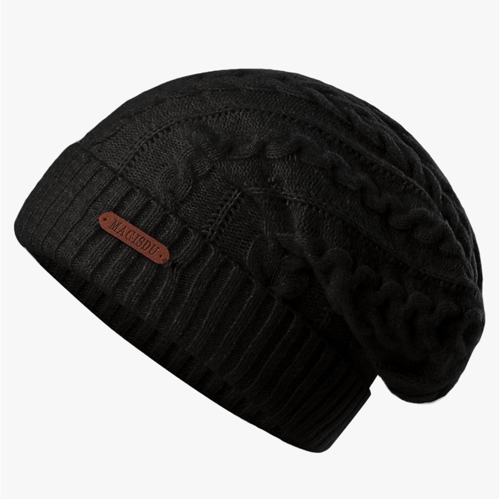 Black merino wool beanie, size M